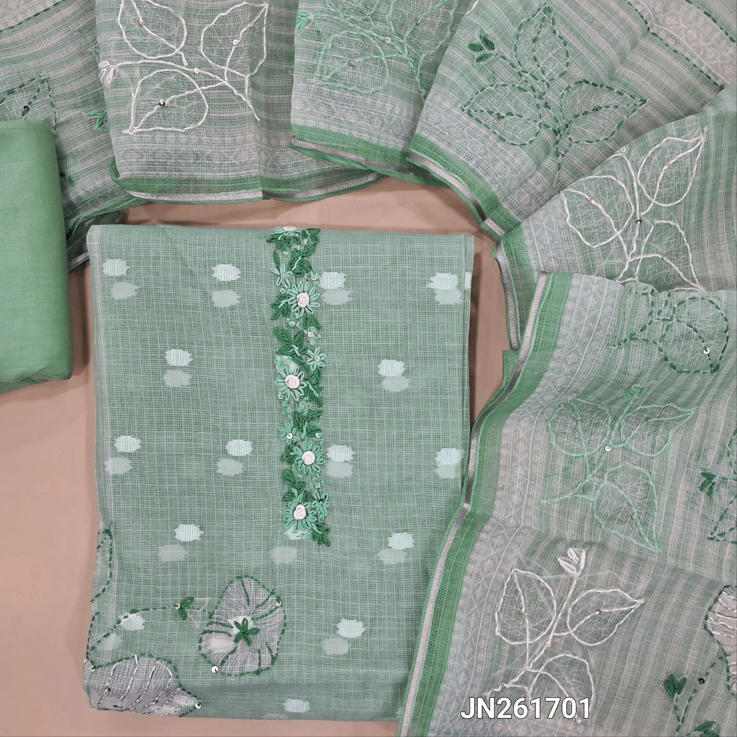Sea Blue benarasi chanderi kota unstitched salwar material,embroidered yoke,floral printed with kantha stitch and sequins work on front,panel design,( lining needed)drum dyed cotton bottom, hand embroidery on benarsi chanderi kota dupatta. JN261701