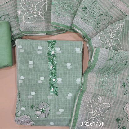 Sea Blue benarasi chanderi kota unstitched salwar material,embroidered yoke,floral printed with kantha stitch and sequins work on front,panel design,( lining needed)drum dyed cotton bottom, hand embroidery on benarsi chanderi kota dupatta. JN261701