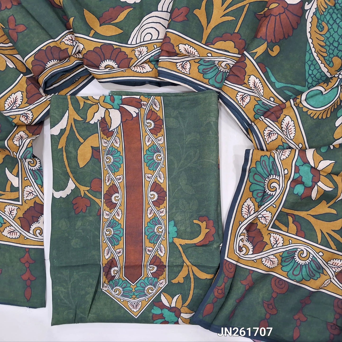 Designer olive green muslin silk unstitched salwar material(silky,lining needed) kalamkari printed all over, NO BOTTOM,kalamkari printed short width muslin silk dupatta.JN261707