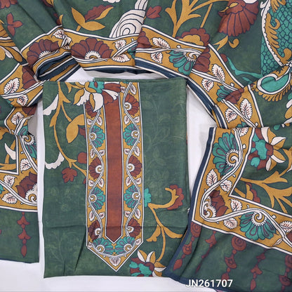 Designer olive green muslin silk unstitched salwar material(silky,lining needed) kalamkari printed all over, NO BOTTOM,kalamkari printed short width muslin silk dupatta.JN261707