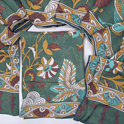 Designer olive green muslin silk unstitched salwar material(silky,lining needed) kalamkari printed all over, NO BOTTOM,kalamkari printed short width muslin silk dupatta.JN261707