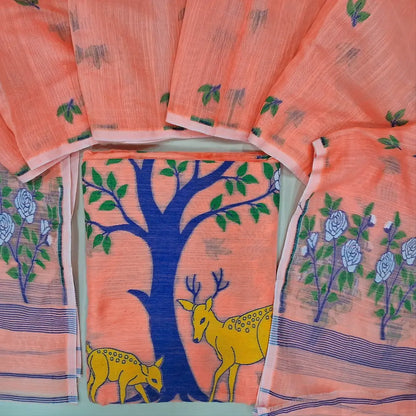 Bright Peach fancy slub silk cotton unstitched salwar material, complete thread weaving all over (Thin, Textured, Lining Needed) NO BOTTOM, Thread woven slub silk cotton full length dupatta (TAPINGS NEEDED). SP252407