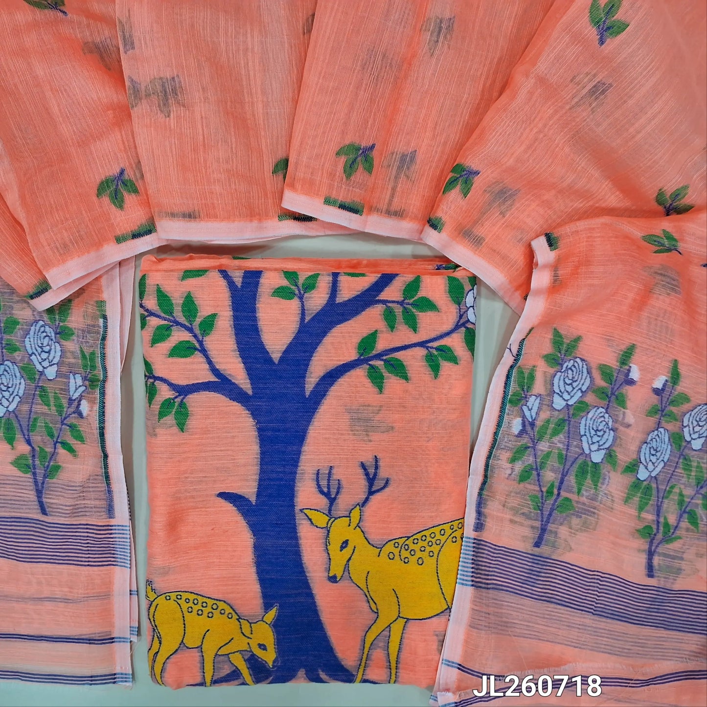 Dark peach fancy slub silk cotton unstitched salwar material, thread weaving all over (Thin, Textured, Lining Needed) NO BOTTOM, Thread woven slub silk cotton full length dupatta (TAPINGS NEEDED). JL260718