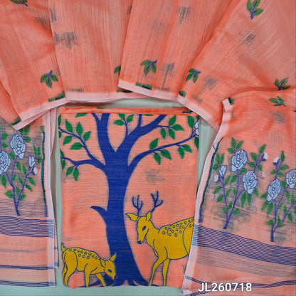 Dark peach fancy slub silk cotton unstitched salwar material, thread weaving all over (Thin, Textured, Lining Needed) NO BOTTOM, Thread woven slub silk cotton full length dupatta (TAPINGS NEEDED). JL260718