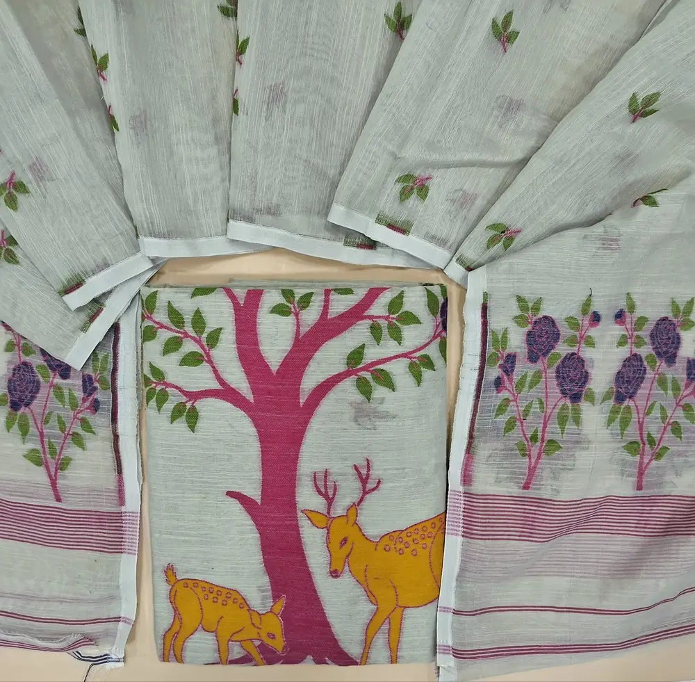 Light Grey fancy slub silk cotton unstitched salwar material, complete thread weaving all over (Thin, Textured, Lining Needed) NO BOTTOM, Thread woven slub silk cotton full length dupatta (TAPINGS NEEDED). SP252406