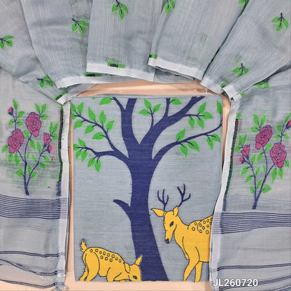 Grey fancy slub silk cotton unstitched salwar material, thread weaving all over (Thin, Textured, Lining Needed) NO BOTTOM, Thread woven slub silk cotton full length dupatta (TAPINGS NEEDED). JL260720