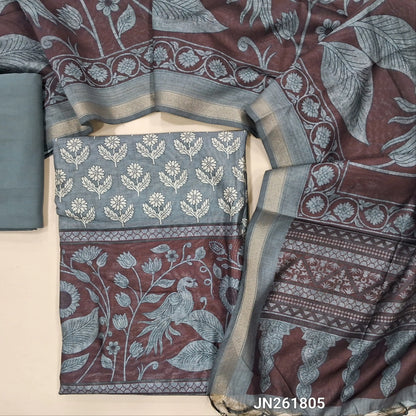 Grey digital printed soft silk cotton unstitched salwar material(lining needed) printed all over,matching spun cotton bottom, digital printed soft silk cotton dupatta with tissue borders. JN261805