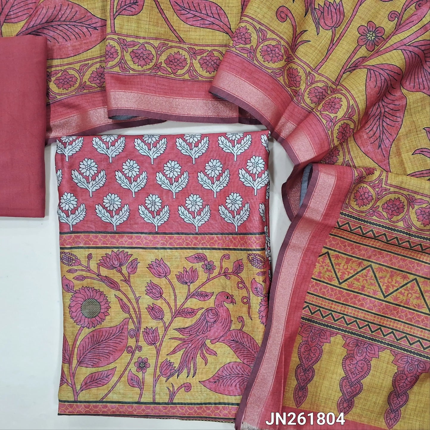 Pink digital printed soft silk cotton unstitched salwar material(lining needed) printed all over,matching spun cotton bottom, digital printed soft silk cotton dupatta with tissue borders. JN261804