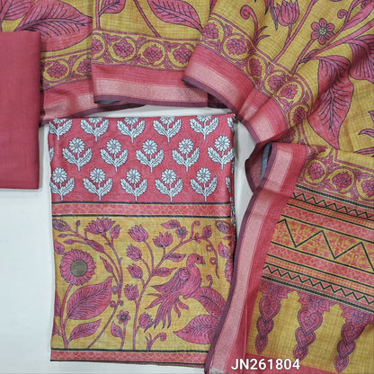 Pink digital printed soft silk cotton unstitched salwar material(lining needed) printed all over,matching spun cotton bottom, digital printed soft silk cotton dupatta with tissue borders. JN261804