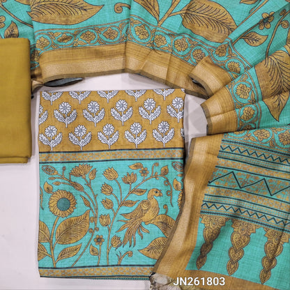 Mehandhi yellow digital printed soft silk cotton unstitched salwar material(lining needed) printed all over,matching spun cotton bottom, digital printed soft silk cotton dupatta with tissue borders. JN261803