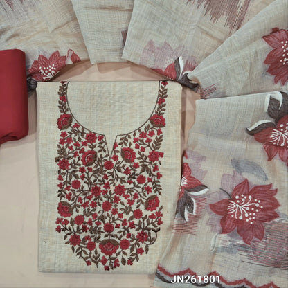 Designer rich beige soft silk cotton unstitched salwar material,(lining needed)rich embroidery work on yoke,floral embroidery on front,matching spun cotton bottom, jamdhani woven silk cotton dupatta. (TAPPING NEEDED) JN261801