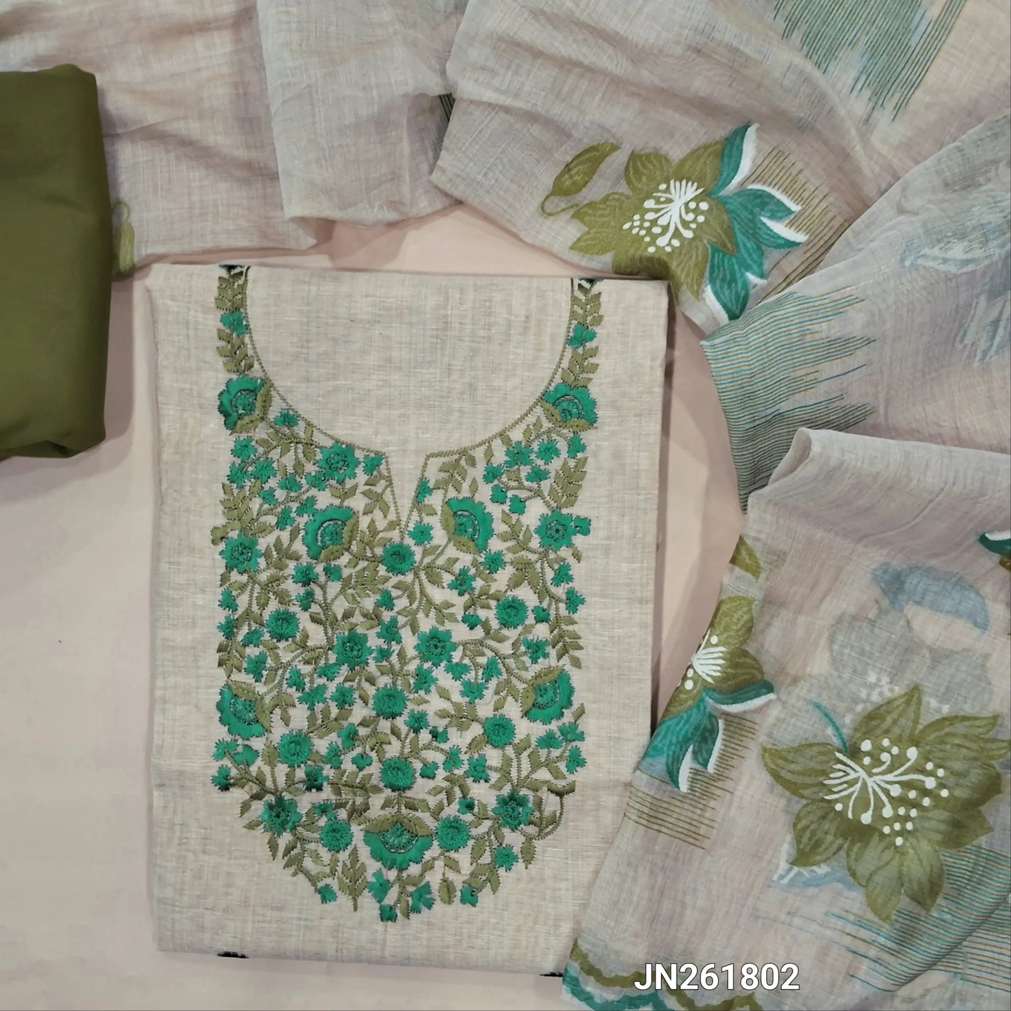 Designer rich beige soft silk cotton unstitched salwar material,(lining needed)rich embroidery work on yoke,floral embroidery on front,matching spun cotton bottom, jamdhani woven silk cotton dupatta. (TAPPING NEEDED) JN261802