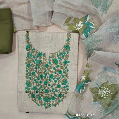 Designer rich beige soft silk cotton unstitched salwar material,(lining needed)rich embroidery work on yoke,floral embroidery on front,matching spun cotton bottom, jamdhani woven silk cotton dupatta. (TAPPING NEEDED) JN261802