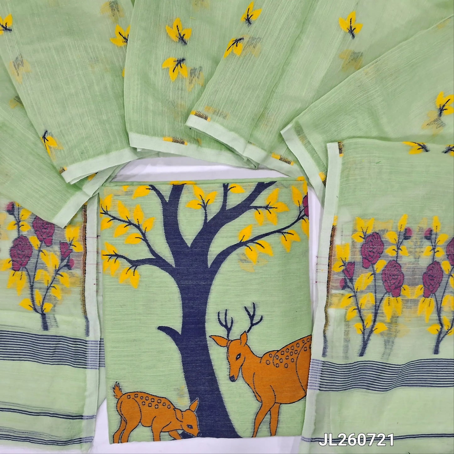 Pastel green fancy slub silk cotton unstitched salwar material, thread weaving all over (Thin, Textured, Lining Needed) NO BOTTOM, Thread woven slub silk cotton full length dupatta (TAPINGS NEEDED). JL260721