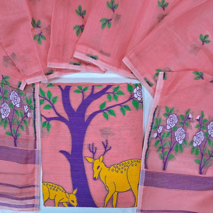 Bright Peachish Pink Fancy slub silk cotton unstitched salwar material, complete thread weaving all over (Thin, Textured, Lining Needed) NO BOTTOM, Thread woven slub silk cotton full length dupatta (TAPINGS NEEDED). SP252403