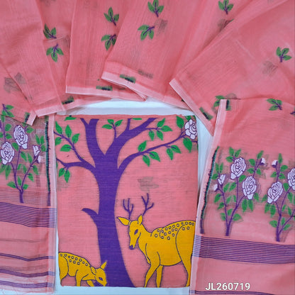 Pink fancy slub silk cotton unstitched salwar material, thread weaving all over (Thin, Textured, Lining Needed) NO BOTTOM, Thread woven slub silk cotton full length dupatta (TAPINGS NEEDED). JL260719