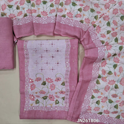 Pastel pink soft silk cotton unstitched salwar material(lining needed) sequins & faux mirror work on yoke,zari buttas all over,matching santoon bottom, digital printed soft silk cotton dupatta. JN261806