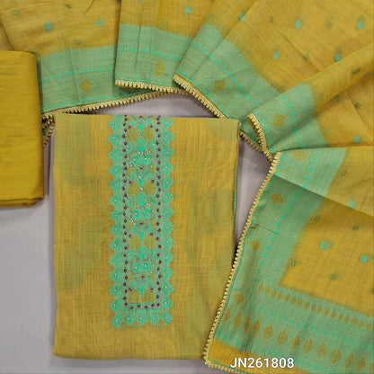 Mehandhi yellow premium jamdhani woven silk cotton unstitched salwar material, thread woven, bead and zardosi work on yoke &daman ( Lining Needed) matching cotton bottom,jamdhani woven on floral buttas silk cotton dupatta with less tapping. JN261808