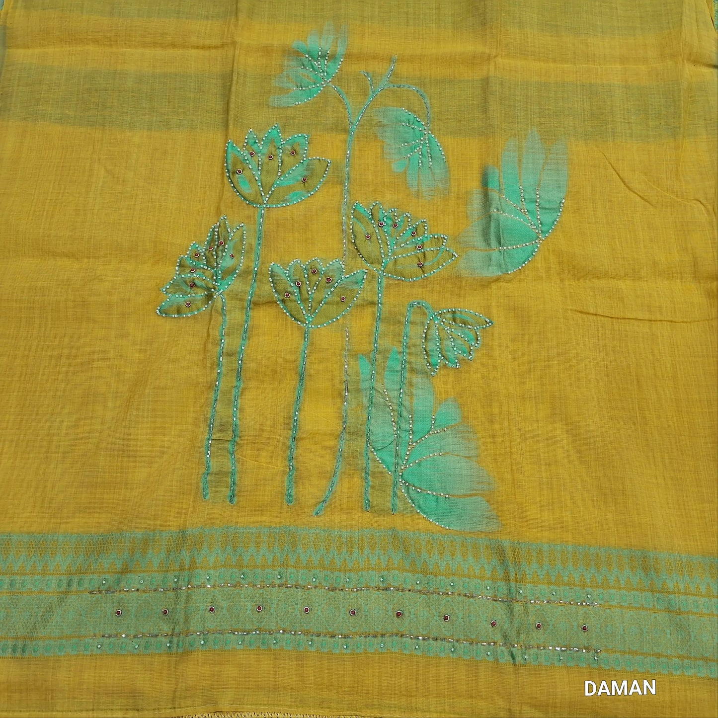 Mehandhi yellow premium jamdhani woven silk cotton unstitched salwar material, thread woven, bead and zardosi work on yoke &daman ( Lining Needed) matching cotton bottom,jamdhani woven on floral buttas silk cotton dupatta with less tapping. JN261808