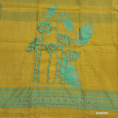 Mehandhi yellow premium jamdhani woven silk cotton unstitched salwar material, thread woven, bead and zardosi work on yoke &daman ( Lining Needed) matching cotton bottom,jamdhani woven on floral buttas silk cotton dupatta with less tapping. JN261808