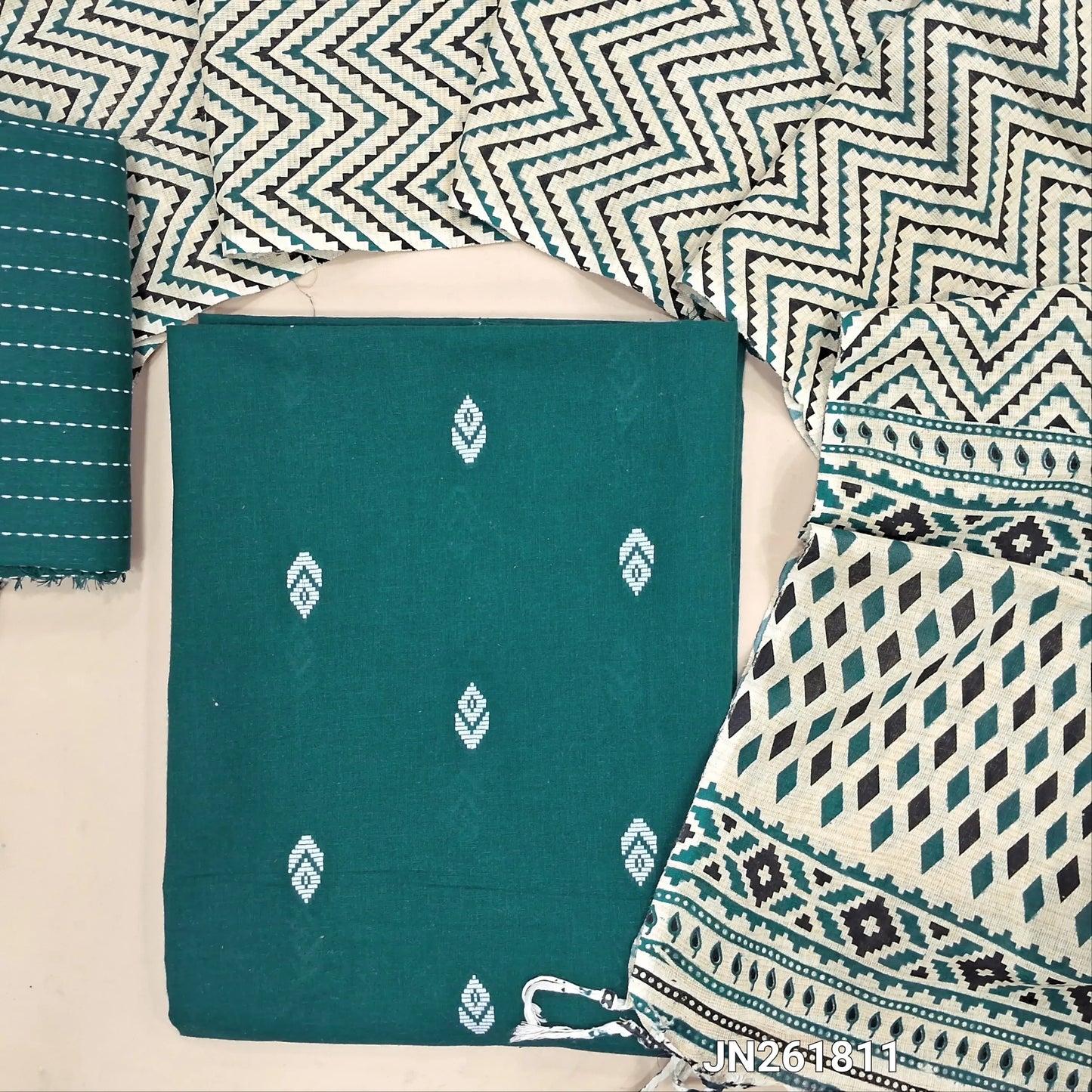 Dark teal blue handloom cotton unstitched salwar material,thread woven buttas all over, (lining optional)thread weaving handloom cotton bottom, hand block printed cotton dupatta. JN261811