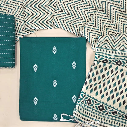 Dark teal blue handloom cotton unstitched salwar material,thread woven buttas all over, (lining optional)thread weaving handloom cotton bottom, hand block printed cotton dupatta. JN261811