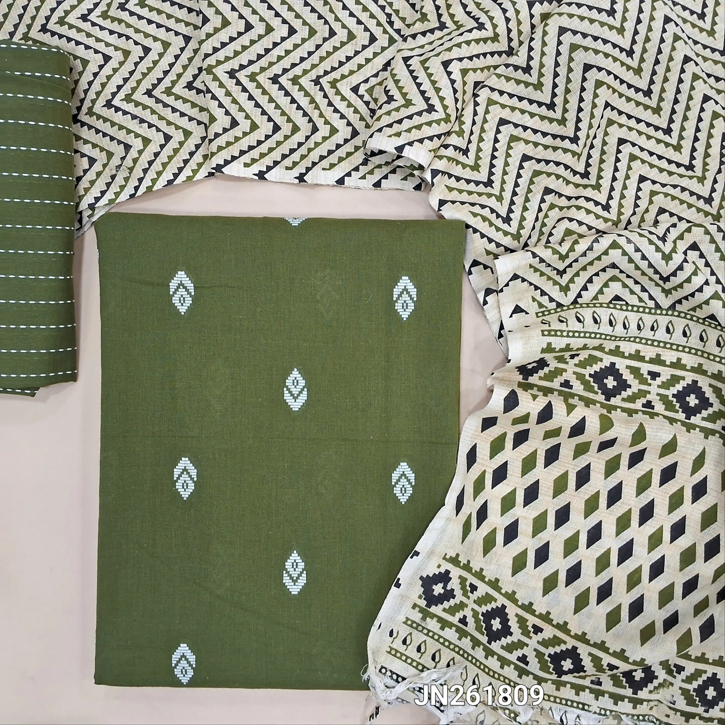 Olive green handloom cotton unstitched salwar material,thread woven buttas all over, (lining optional)thread weaving handloom cotton bottom, hand block printed cotton dupatta. JN261809
