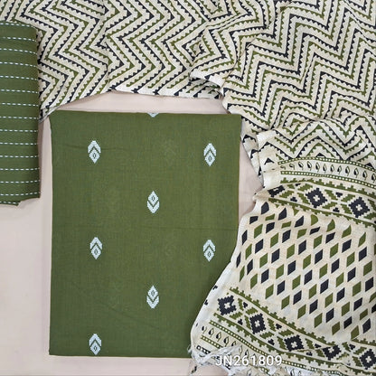 Olive green handloom cotton unstitched salwar material,thread woven buttas all over, (lining optional)thread weaving handloom cotton bottom, hand block printed cotton dupatta. JN261809