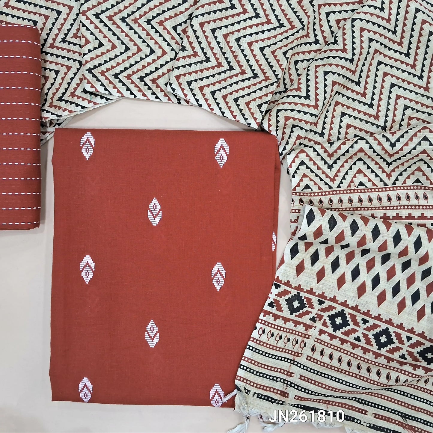 Dark brick red handloom cotton unstitched salwar material,thread woven buttas all over, (lining optional)thread weaving handloom cotton bottom, hand block printed cotton dupatta. JN261810