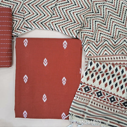 Dark brick red handloom cotton unstitched salwar material,thread woven buttas all over, (lining optional)thread weaving handloom cotton bottom, hand block printed cotton dupatta. JN261810