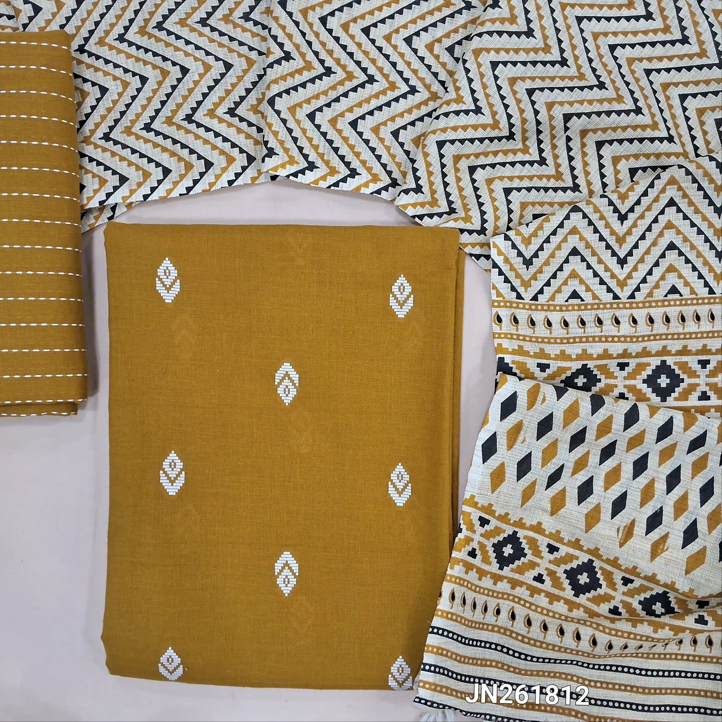 Mehandhi yellow handloom cotton unstitched salwar material,thread woven buttas all over, (lining optional)thread weaving handloom cotton bottom, hand block printed cotton dupatta.JN261812