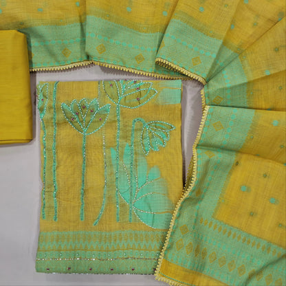 Mehandhi yellow premium jamdhani woven silk cotton unstitched salwar material, thread woven, bead and zardosi work on yoke &daman ( Lining Needed) matching cotton bottom,jamdhani woven on floral buttas silk cotton dupatta with less tapping. JN261808