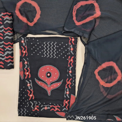 Black premium cotton unstitched salwar material (lining optional)block printed & real mirror work on yoke, printed all over, printed cotton bottom,shibori dyed fancy chiffon dupatta.(TAPPING NEEDED) JN261905