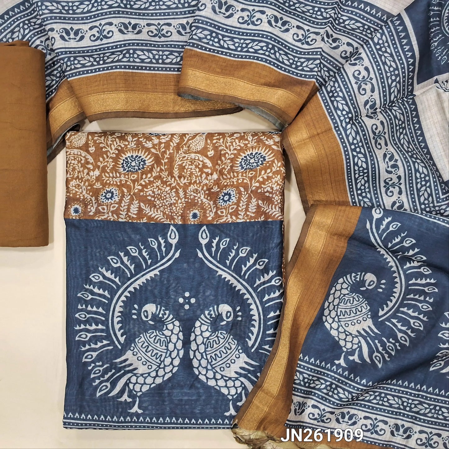 Dark mehandhi yellow digital printed soft silk cotton unstitched salwar material(light weight,lining needed) printed all over,matching spun cotton bottom, digital printed soft silk cotton dupatta with tissue borders. JN261909