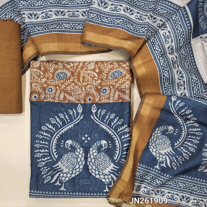 Dark mehandhi yellow digital printed soft silk cotton unstitched salwar material(light weight,lining needed) printed all over,matching spun cotton bottom, digital printed soft silk cotton dupatta with tissue borders. JN261909