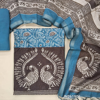 Blue digital printed soft silk cotton unstitched salwar material(light weight,lining needed) printed all over,matching spun cotton bottom, digital printed soft silk cotton dupatta with tissue borders. JN261906