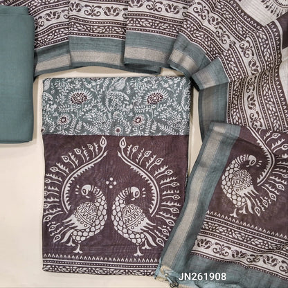 Grey digital printed soft silk cotton unstitched salwar material(light weight,lining needed) printed all over,matching spun cotton bottom, digital printed soft silk cotton dupatta with tissue borders. JN261908