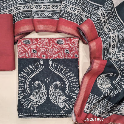 Pink digital printed soft silk cotton unstitched salwar material(light weight,lining needed) printed all over,matching spun cotton bottom, digital printed soft silk cotton dupatta with tissue borders. JN261907
