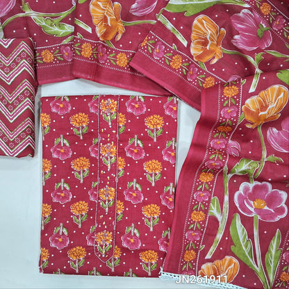 Dark pink floral printed soft cotton unstitched salwar material (lining optional) sequins,sugar bead work on yoke, zigzag printed cotton bottom,floral printed mul cotton dupatta with lace tapping.JN261911