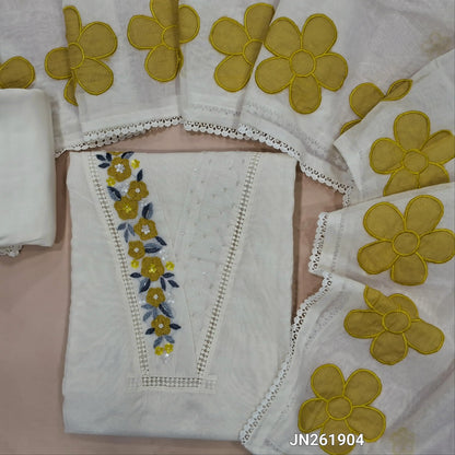 Designer off white base mul chanderi unstitched salwar material ,v neck on yoke with hand embroidery,applique work & cut bead work,(YELLOW)(thin,Lining Needed)matching silk cotton bottom, floral embroidery &applique work on mul chanderi dupatta. JN261904
