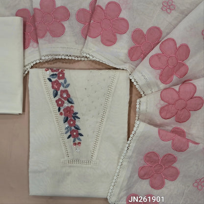 Designer off white base mul chanderi unstitched salwar material ,v neck on yoke with hand embroidery,applique work & cut bead work,(PINK)(thin,Lining Needed)matching silk cotton bottom, floral embroidery &applique work on mul chanderi dupatta. JN261901