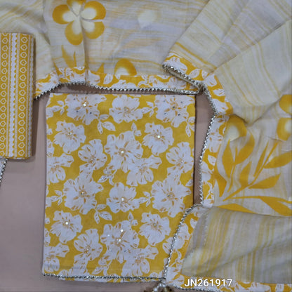 Pastel yellow premium floral printed pure cotton unstitched salwar material,sequins &faux mirror work all over,(lining needed) printed cotton bottom, mul cotton full length dupatta with less tapping.JN261917