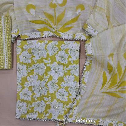Green premium floral printed pure cotton unstitched salwar material,sequins &faux mirror work all over,(lining needed) printed cotton bottom, mul cotton full length dupatta with less tapping.JN261916