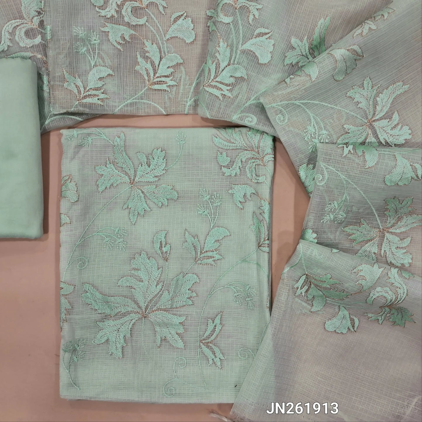 Designer sea green premium kota unstitched salwar material,self embroidery &zari detailing on daman, embroidery work front(Lining Needed) matching bottom,rich embroidery & zari work on kota dupatta with banarasi woven borders. JN261913