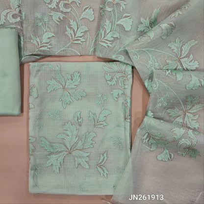 Designer sea green premium kota unstitched salwar material,self embroidery &zari detailing on daman, embroidery work front(Lining Needed) matching bottom,rich embroidery & zari work on kota dupatta with banarasi woven borders. JN261913