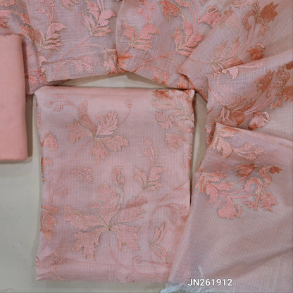 Designer pastel pink premium kota unstitched salwar material,self embroidery &zari detailing on daman, embroidery work front(Lining Needed) matching bottom,rich embroidery & zari work on kota dupatta with banarasi woven borders. JN261912
