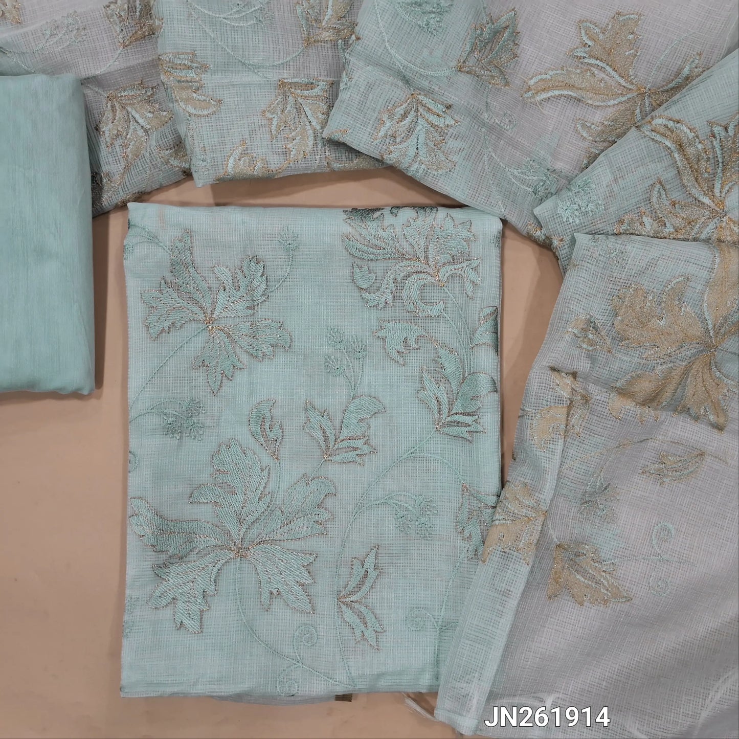 Designer powder blue premium kota unstitched salwar material,self embroidery &zari detailing on daman, embroidery work front(Lining Needed) matching bottom,rich embroidery & zari work on kota dupatta with banarasi woven borders. JN261914