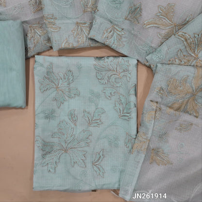 Designer powder blue premium kota unstitched salwar material,self embroidery &zari detailing on daman, embroidery work front(Lining Needed) matching bottom,rich embroidery & zari work on kota dupatta with banarasi woven borders. JN261914