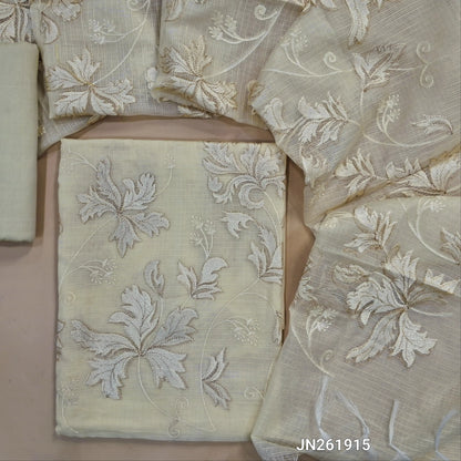 Designer off white premium kota unstitched salwar material,self embroidery &zari detailing on daman, embroidery work front(Lining Needed) matching bottom,rich embroidery & zari work on kota dupatta with banarasi woven borders. JN261915