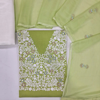 Pastel green cotton unstitched salwar material (lining needed) rich embroidery work on yoke, santoon bottom,embroidered chiffon dupatta.JN262116